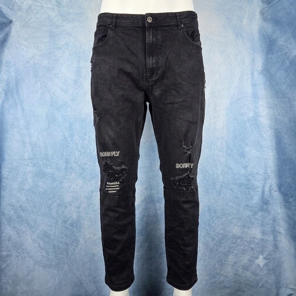 Born Fly Mens Distressed Graphic Denim Jeans Black Wash Streetwear Size 42